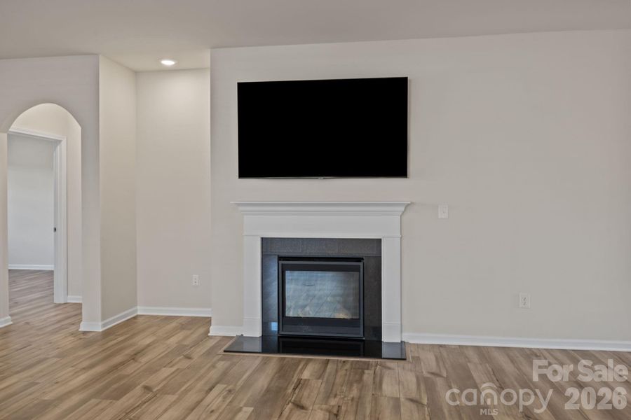 Gas fireplace trimmed by a classic mantel.  Notice the recessed, lighted cove which might showcase a favorite bookcase or china cabinet.  The arched doorway leads to the Primary Suite.