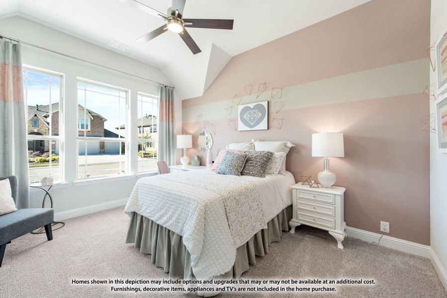 Bedroom with vaulted ceiling, pink striped accent wall, ceiling fan, and large windows with carpet flooring Bedroom with vaulted ceiling, pink striped accent wall, ceiling fan, and large windows with carpet flooring