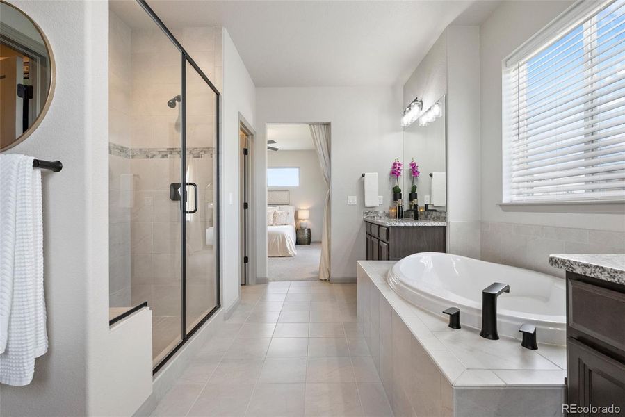 Sumptuous 5 piece bath with generous shower, deep soaking tub, private toilet, and separate dual sinks.