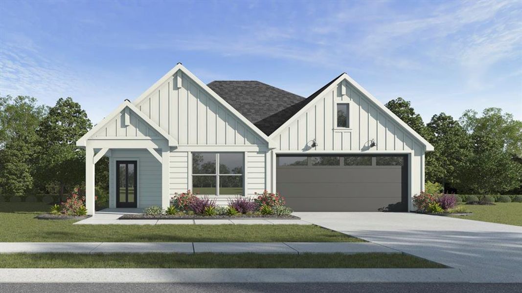 Modern farmhouse with a front yard, driveway, a shingled roof, a garage, and board and batten siding