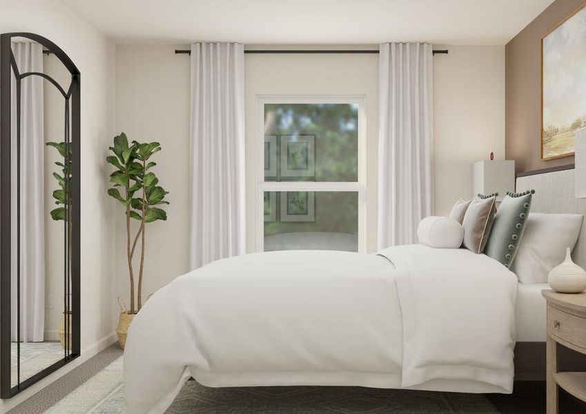 Rendering of a secondary bedroom
  featuring large, natural wood furniture and décor.