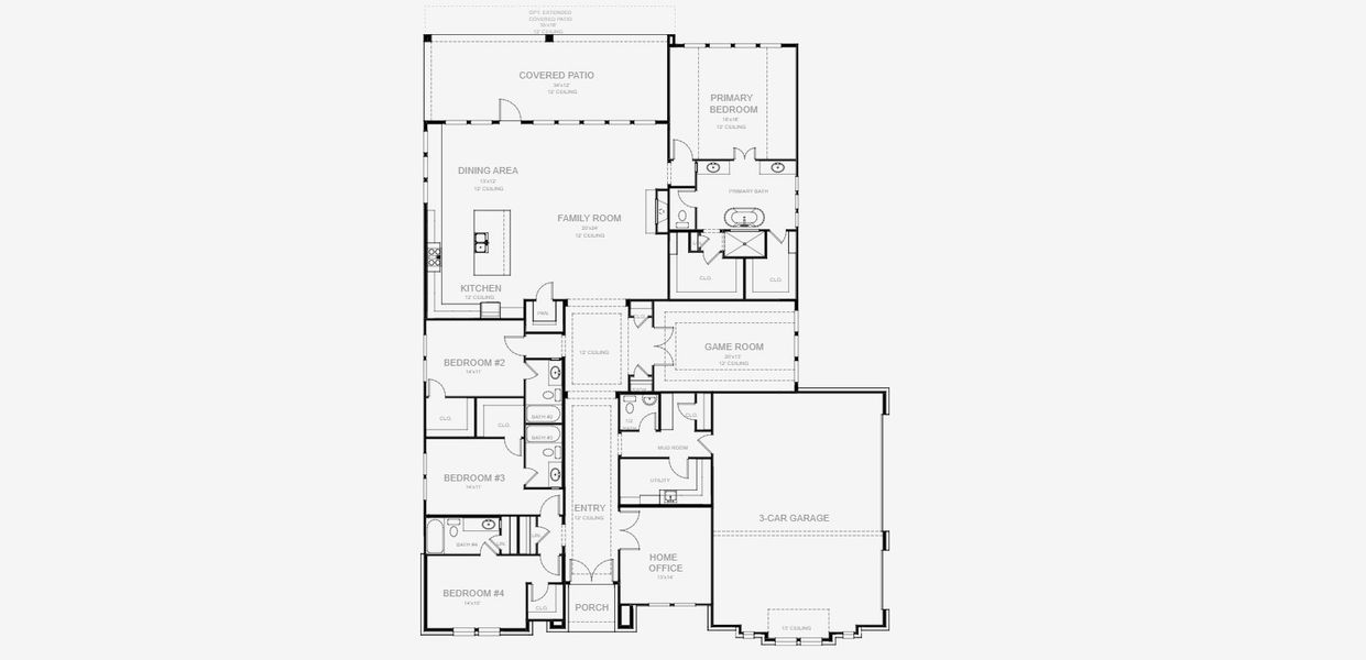 2D floor plan layout for the 3390A by Perry Homes in Bristol Valley, Rockwall, TX (Image 3).