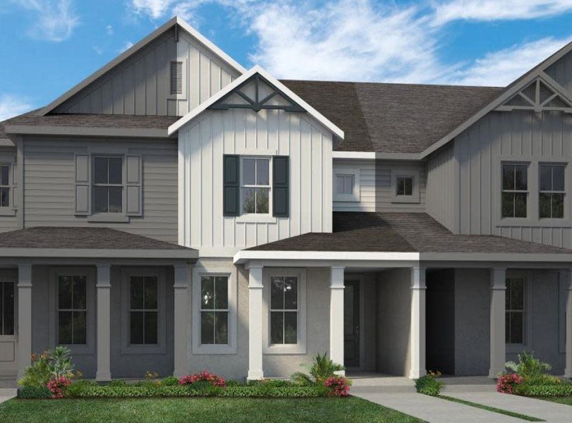 Representative exterior photo of a completed home built from the Edison by Rockwell Homes in Harvest at Ovation - Townhomes, Winter Garden, FL (Image 35). Representative exterior photo of a completed home built from the Edison by Rockwell Homes in Harvest at Ovation - Townhomes, Winter Garden, FL (Image 35).