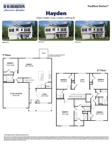 2D floor plan layout for the Hayden - Tradition by D.R. Horton in Lawson Glen, Clayton, NC (Image 3).