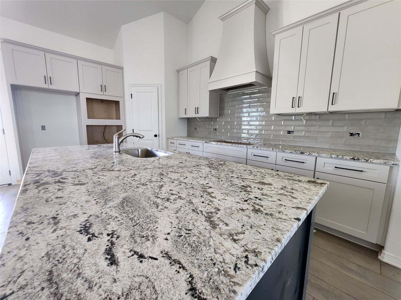 Spacious kitchen featuring a large island with a stainless steel sink and faucet, complemented by white cabinetry, a light-toned tile backsplash, and wood-finish flooring