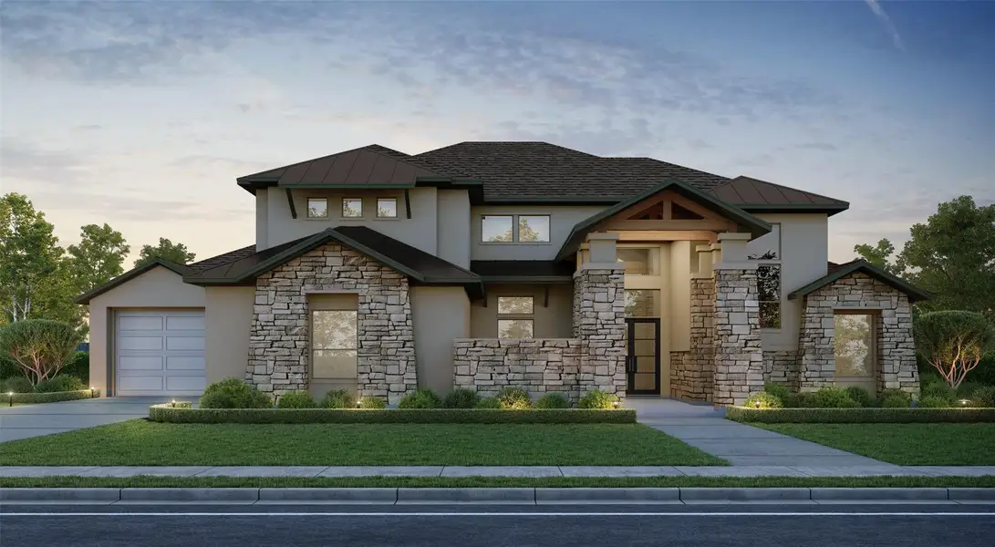 Front exterior of a new home in Harvest Green, Richmond, TX, highlighting curb appeal (Image 1). Front exterior of a new home in Harvest Green, Richmond, TX, highlighting curb appeal (Image 1).