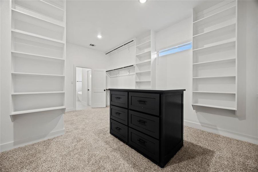 Walk in closet with light carpet