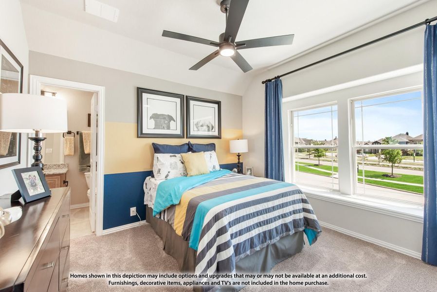 Bedroom with ceiling fan, blue accent walls, large windows, and carpet flooring with ensuite bathroom access Bedroom with ceiling fan, blue accent walls, large windows, and carpet flooring with ensuite bathroom access