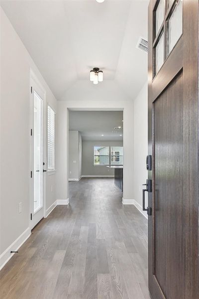 Foyer featuring wood finished floors, lofted ceiling, and baseboards Foyer featuring wood finished floors, lofted ceiling, and baseboards
