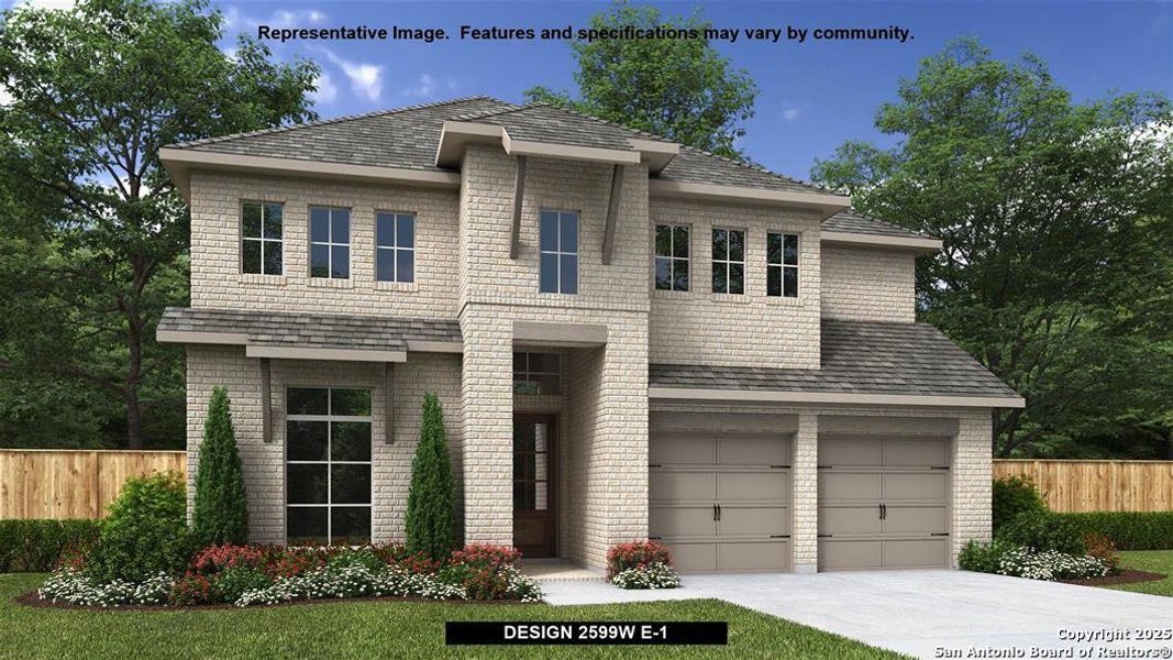 Front exterior of a new home in Ladera 50', San Antonio, TX, highlighting curb appeal (Image 1).