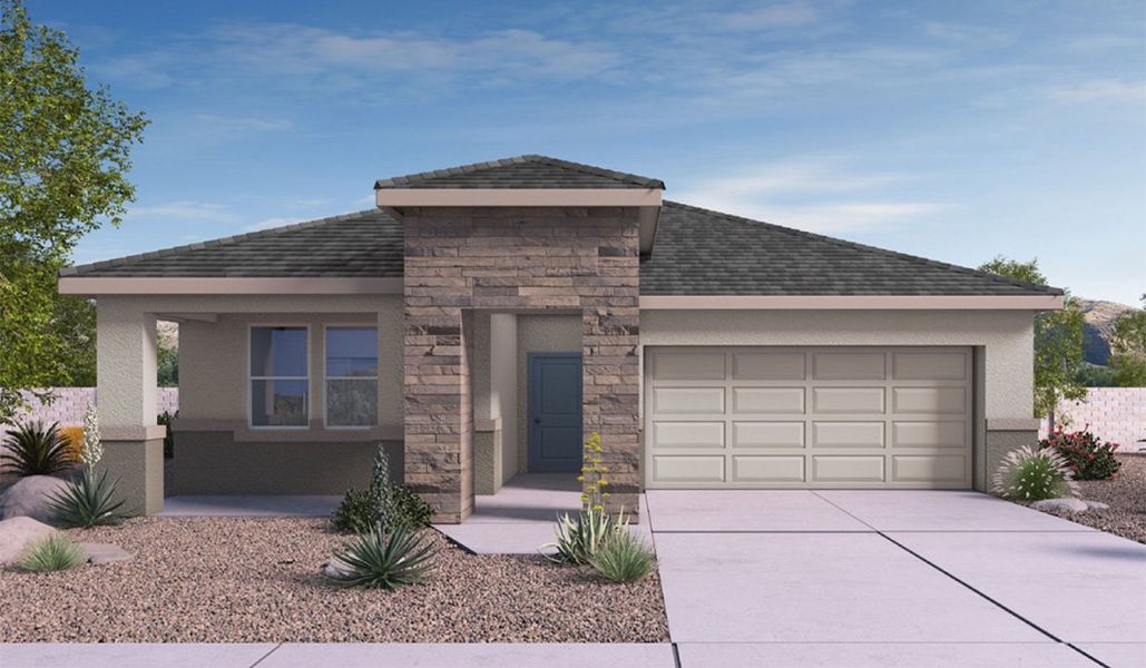 Front exterior of a new home in Barnett Village, Marana, AZ, highlighting curb appeal (Image 1).