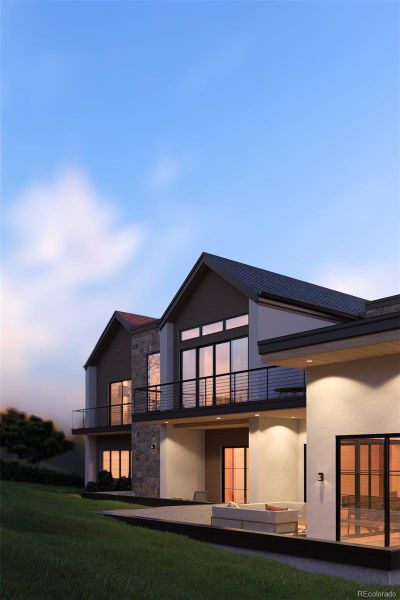 Rendering of new luxury home coming soon showcasing multiple outdoor entertainment areas with panoramic mountain views.