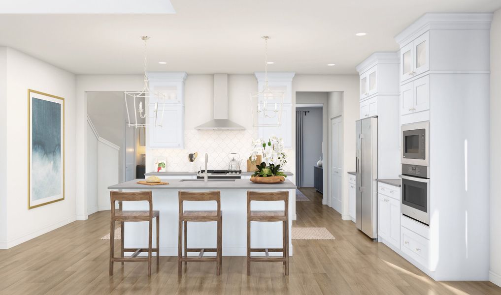 Kitchen with pendant lighting and glass upper cabinets