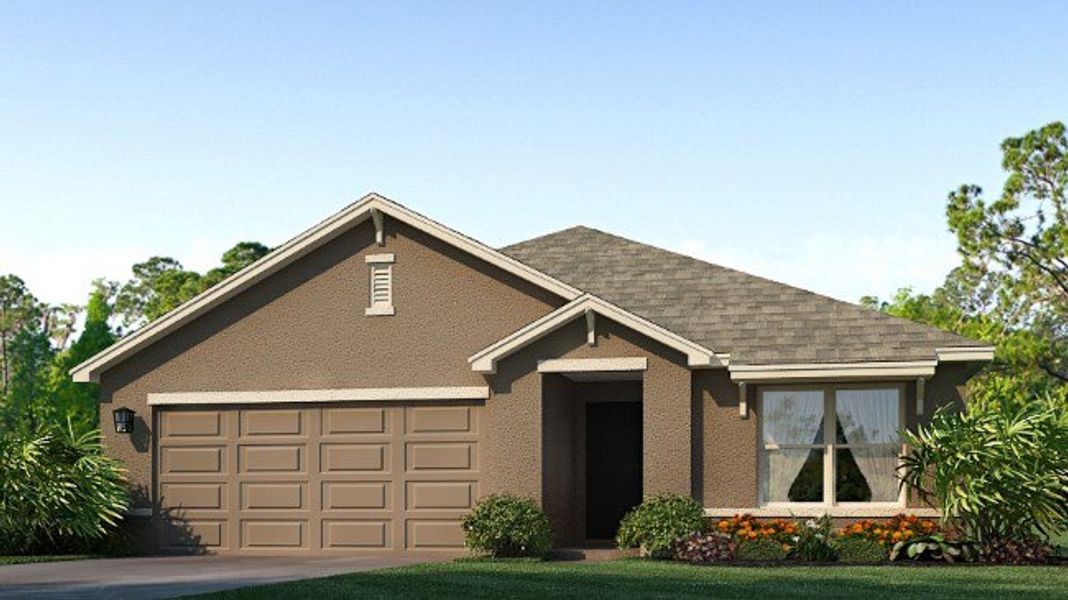 Front exterior of a new home in Rye Crossing, Parrish, FL, highlighting curb appeal (Image 1). Front exterior of a new home in Rye Crossing, Parrish, FL, highlighting curb appeal (Image 1).
