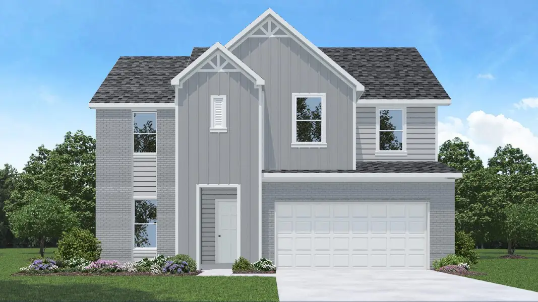 Front exterior of a new home in Silverthorne, Conroe, TX, highlighting curb appeal (Image 1). Front exterior of a new home in Silverthorne, Conroe, TX, highlighting curb appeal (Image 1).