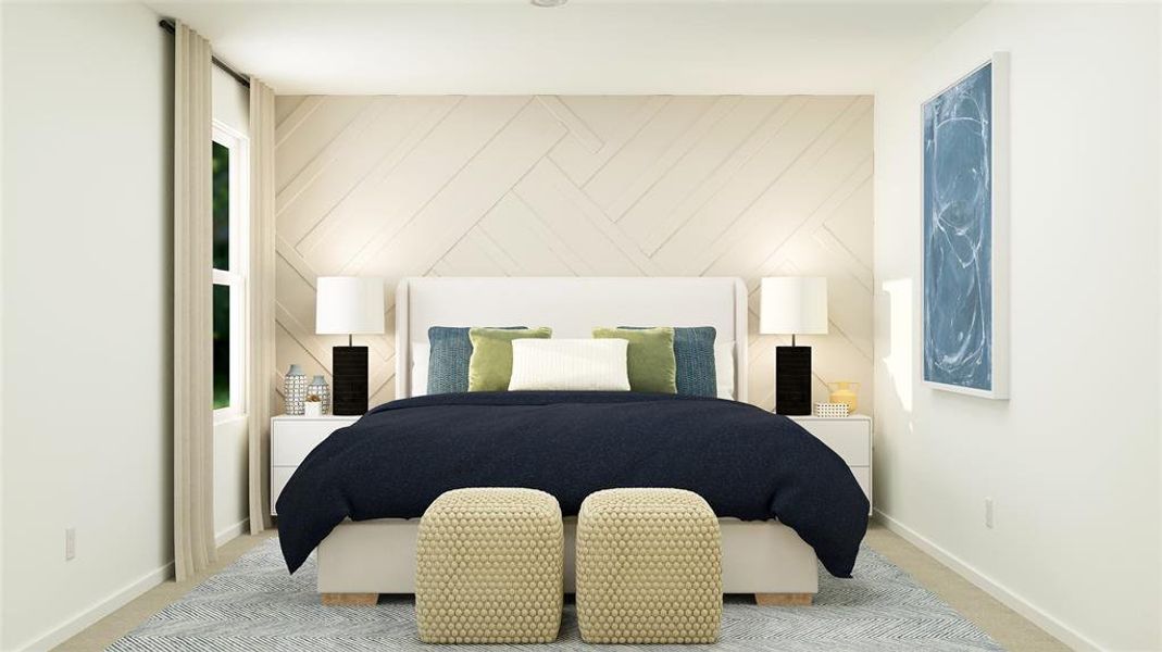 Carpeted bedroom with wood walls