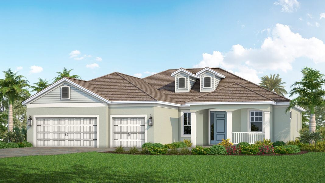 Front exterior of a new home in SkySail Real Estate and Homes for Sale in Naples, FL - Neal Communities, Naples, FL, highlighting curb appeal (Image 21). Front exterior of a new home in SkySail Real Estate and Homes for Sale in Naples, FL - Neal Communities, Naples, FL, highlighting curb appeal (Image 21).