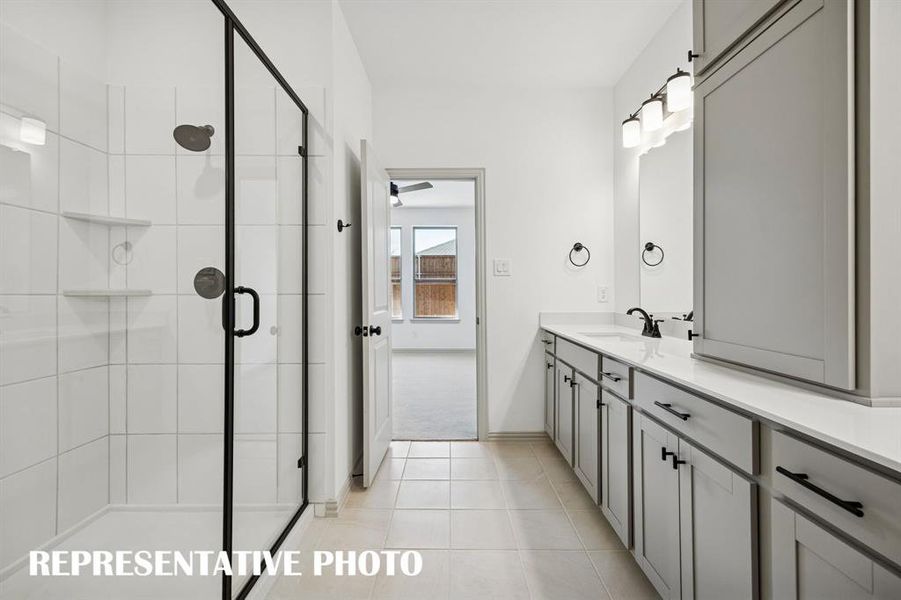 Offering a spacious walk in shower, you'll enjoy plenty of long, luxurious showers in this over the top owner's bath!  REPRESENTATIVE PHOTO