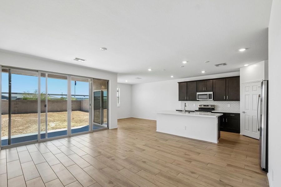 Great room, kitchen and dining