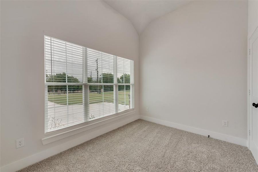 Carpeted spare room with vaulted ceiling