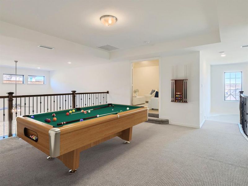 Virtually staged photo - Rec room with light carpet and pool table