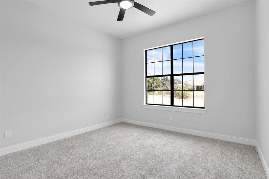 Carpeted spare room with ceiling fan