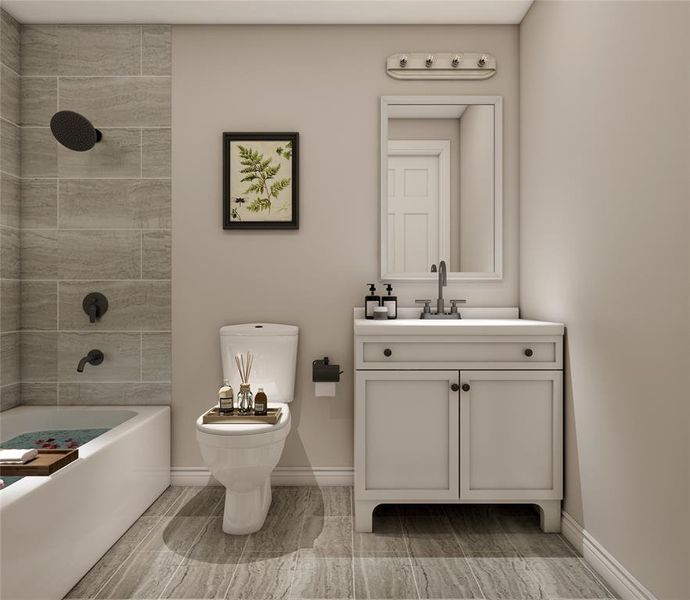 This hallway common bathroom features an upgraded vanity, matte black fixtures, elegant high-arc faucet, and a classic white bathtub. Example photo, virtually staged