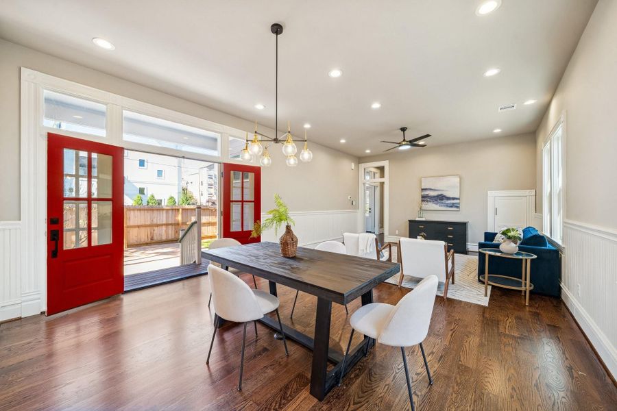 French doors lead out to the side yard (possible pool!) from the Dining area. Plenty of natural light through the doors, sidelights and transom windows! French doors lead out to the side yard (possible pool!) from the Dining area. Plenty of natural light through the doors, sidelights and transom windows!