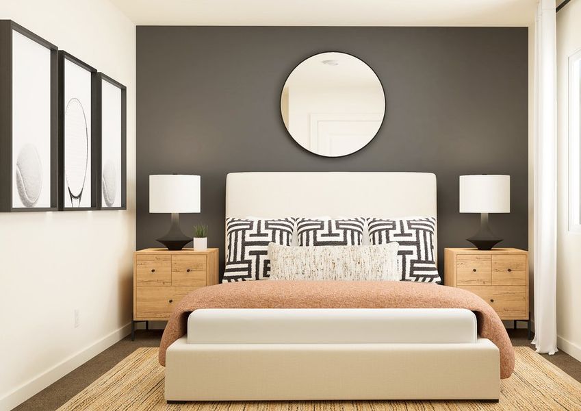 Rendering of a bedroom with a large white bed and two bedside tables. Rendering of a bedroom with a large white bed and two bedside tables.