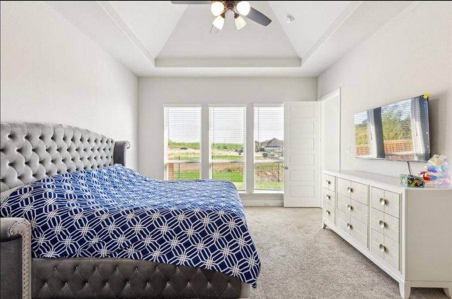 Bedroom featuring light colored carpet, a raised ceiling, and ceiling fan