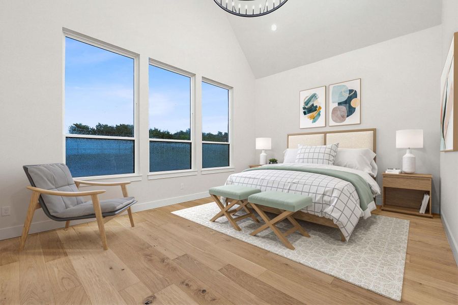 Vaulted ceiling bedroom featuring wood-finish flooring, ample natural light from multiple windows, and a contemporary chandelier