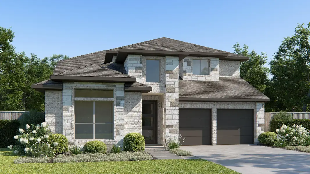 Front exterior of a new home in Amira 50', Tomball, TX, highlighting curb appeal (Image 1).