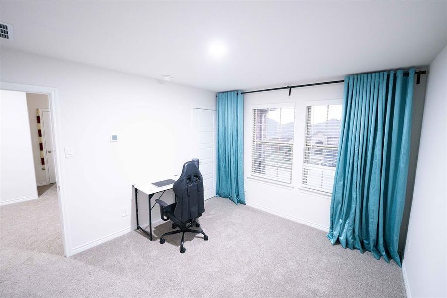 Room with light grey carpeting, white walls, and a pair of windows fitted with horizontal blinds Room with light grey carpeting, white walls, and a pair of windows fitted with horizontal blinds