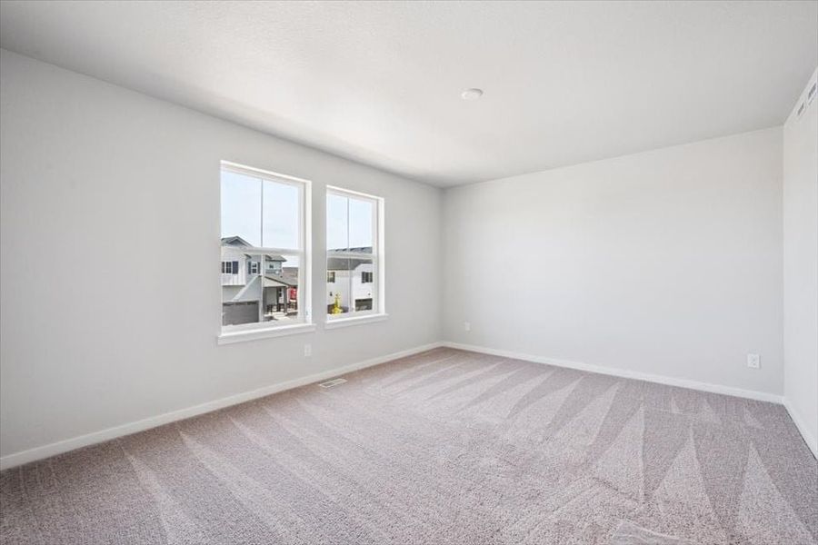 A room with a rug and windows.