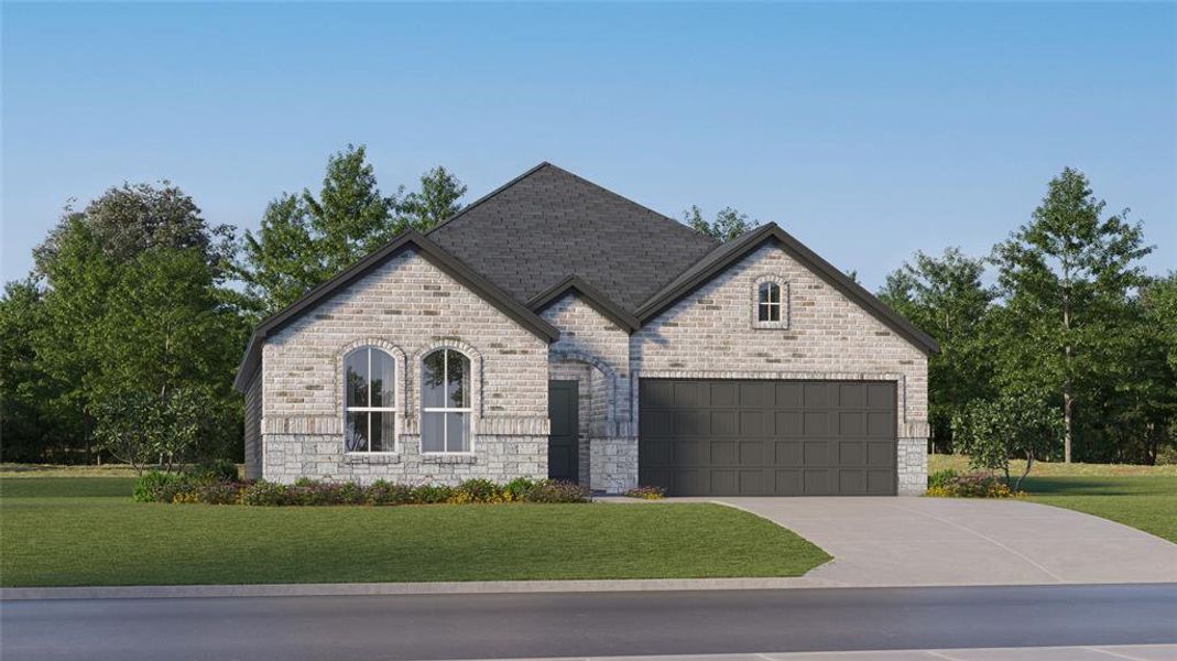 French country inspired facade featuring a front yard and a garage