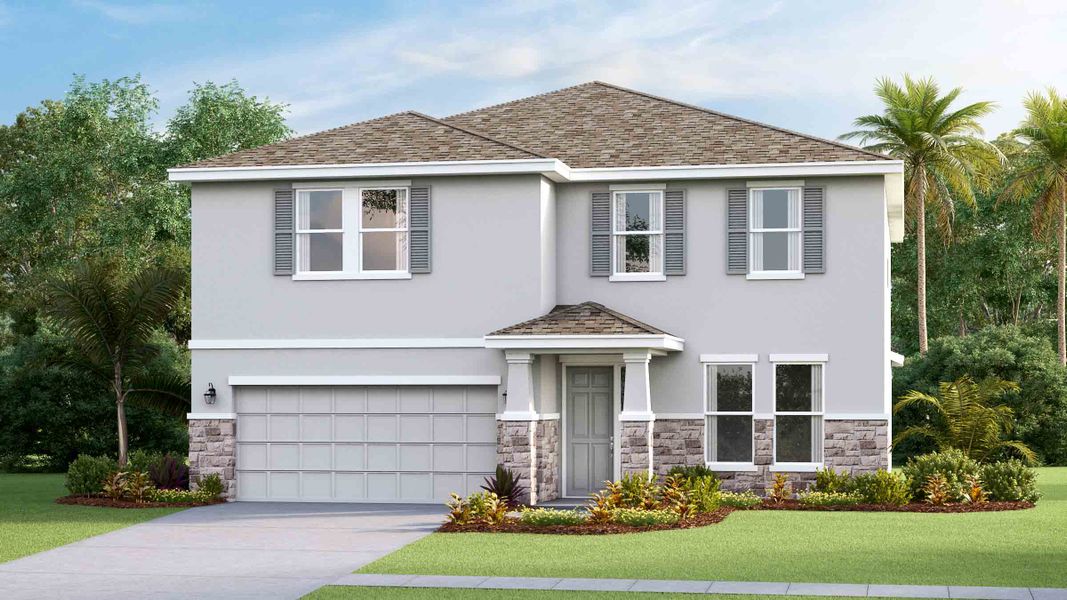 Front exterior of a new home in Archer at Two Rivers, Zephyrhills, FL, highlighting curb appeal (Image 1). Front exterior of a new home in Archer at Two Rivers, Zephyrhills, FL, highlighting curb appeal (Image 1).