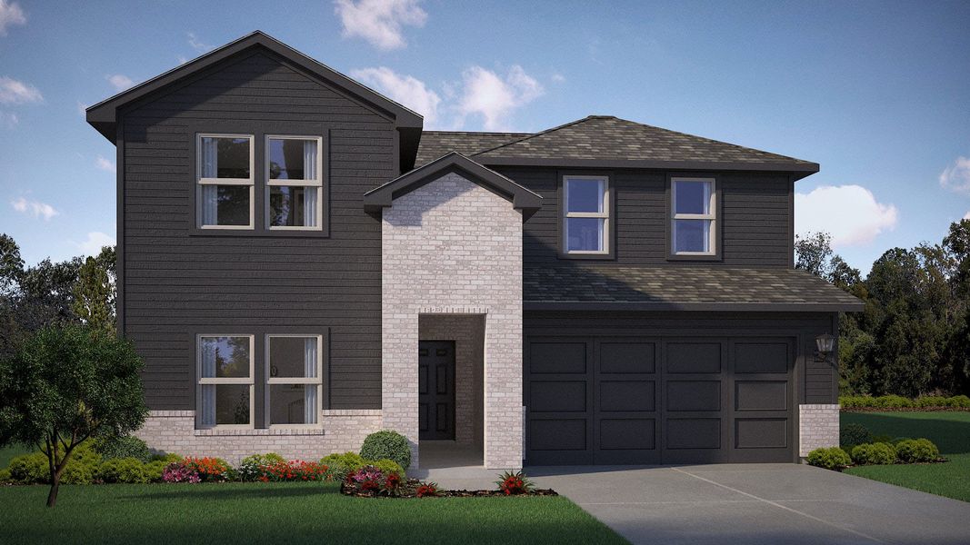 Front exterior of a new home in Eagle Creek, Denton, TX, highlighting curb appeal (Image 1). Front exterior of a new home in Eagle Creek, Denton, TX, highlighting curb appeal (Image 1).