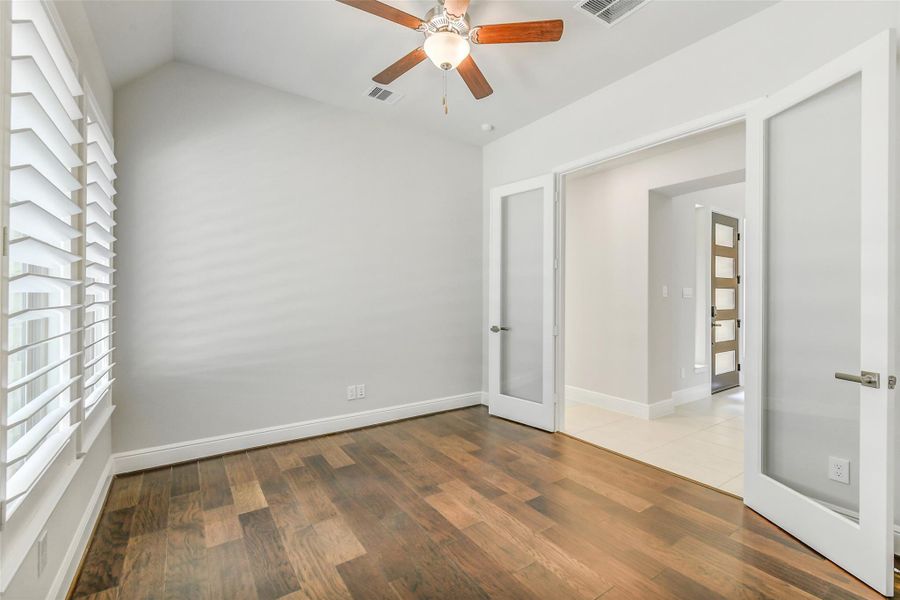 The study has Wood flooring and plantation shutters on the windows. The study has Wood flooring and plantation shutters on the windows.