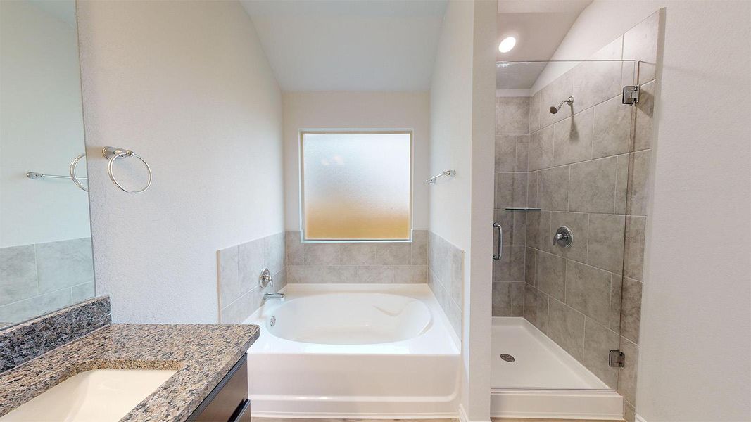 Full bathroom with a garden tub, vanity, and a shower stall