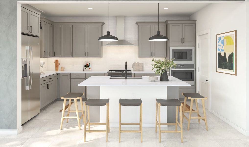 Kitchen with staggered cabinets, pendant lighting and matte black fixutures