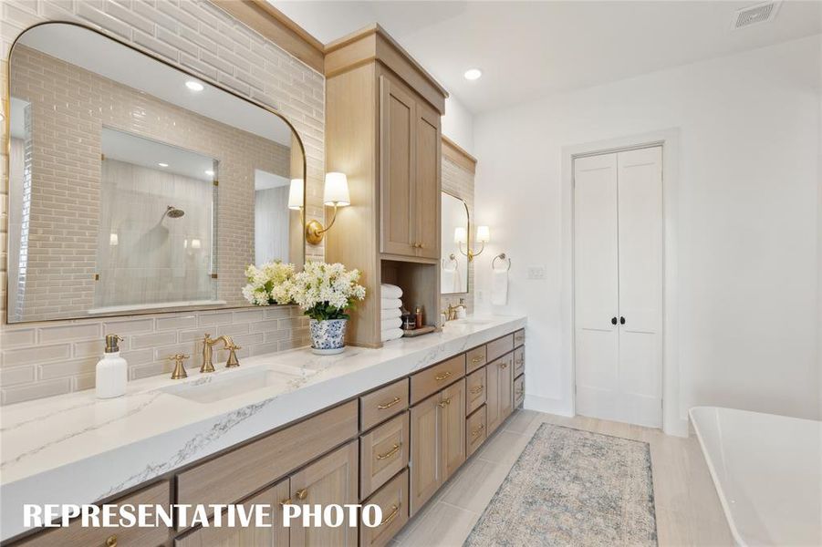 No shortage of space or style in this dream owner's bath which features our signature walk through shower with freestanding tub.  REPRESENTATIVE PHOTO