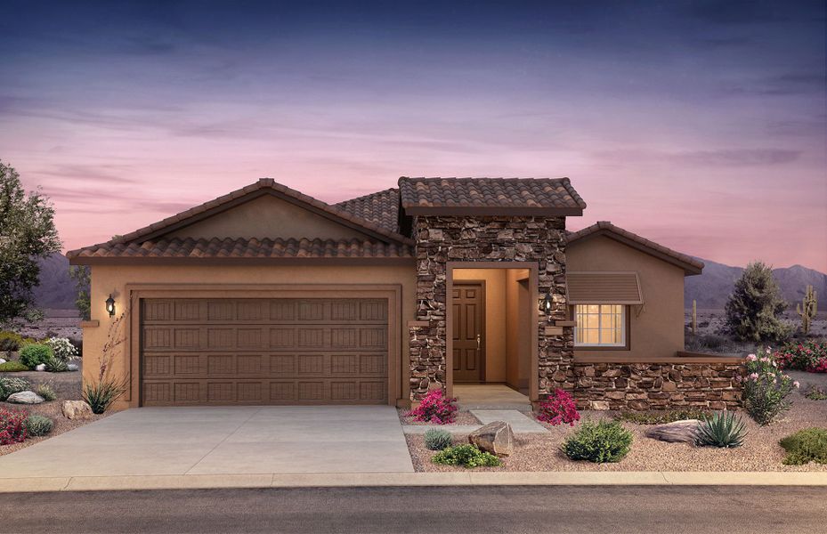 Representative exterior photo of a completed home built from the Sanctuary Final Opportunity by Del Webb in Sun City Anthem at Merrill Ranch, Florence, AZ (Image 2). Representative exterior photo of a completed home built from the Sanctuary Final Opportunity by Del Webb in Sun City Anthem at Merrill Ranch, Florence, AZ (Image 2).