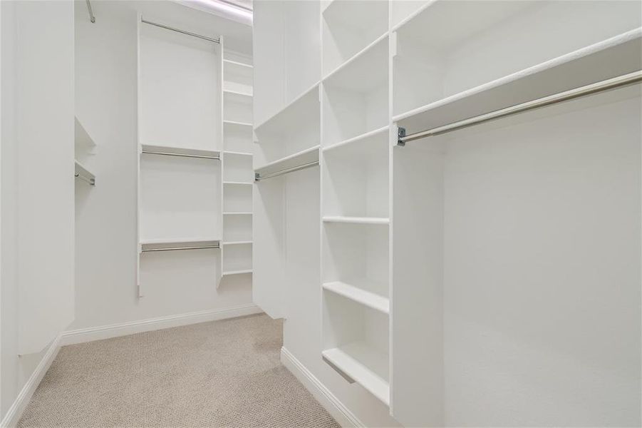 Spacious closet with light carpet