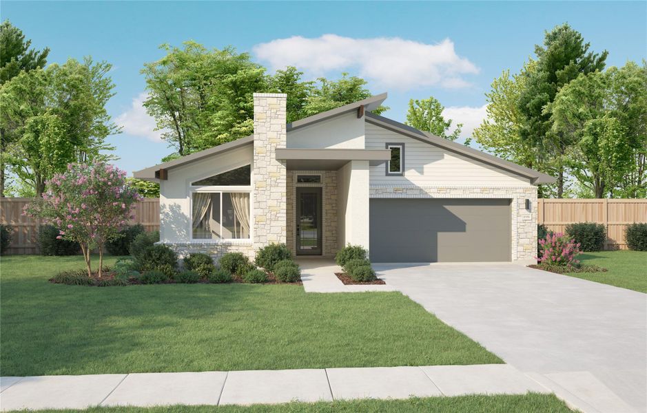 Mid-century inspired home featuring stone siding, an attached garage, and driveway Mid-century inspired home featuring stone siding, an attached garage, and driveway