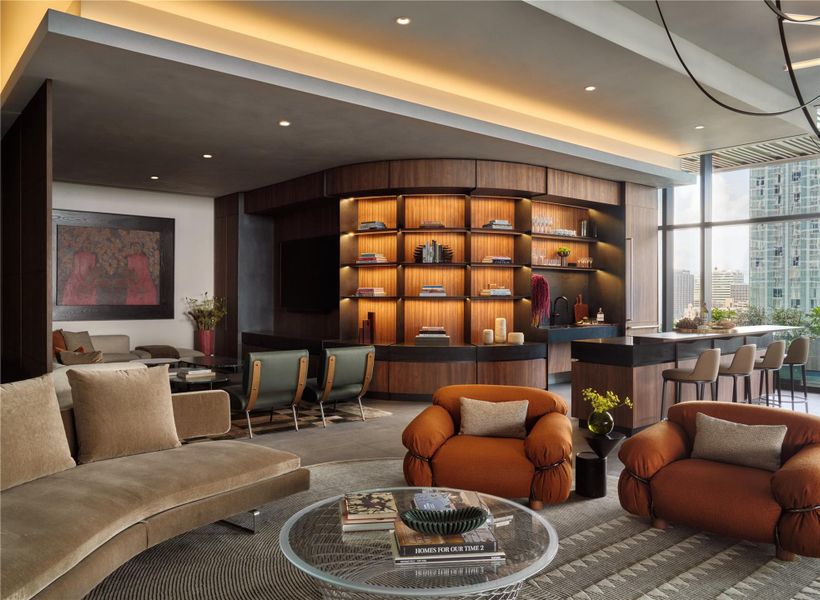 Floor-to-ceiling windows frame soaring city views in this expansive, open-concept living space. Floor-to-ceiling windows frame soaring city views in this expansive, open-concept living space.