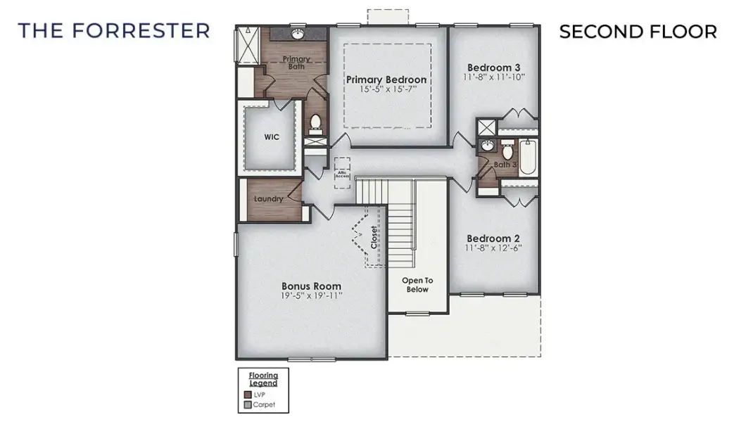 2D floor plan layout for the Forrester by D.R. Horton in The Highlands at Cedar Hill Landing, Navassa, NC (Image 5).