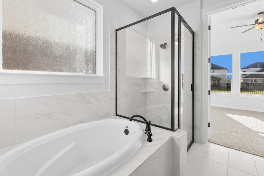 Bathroom featuring a garden tub, light colored carpet, a marble finish shower, and plenty of natural light Bathroom featuring a garden tub, light colored carpet, a marble finish shower, and plenty of natural light