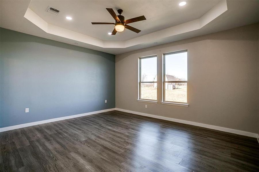 Unfurnished room featuring ceiling fan, dark hardwood / wood-style flooring, and a tray ceiling