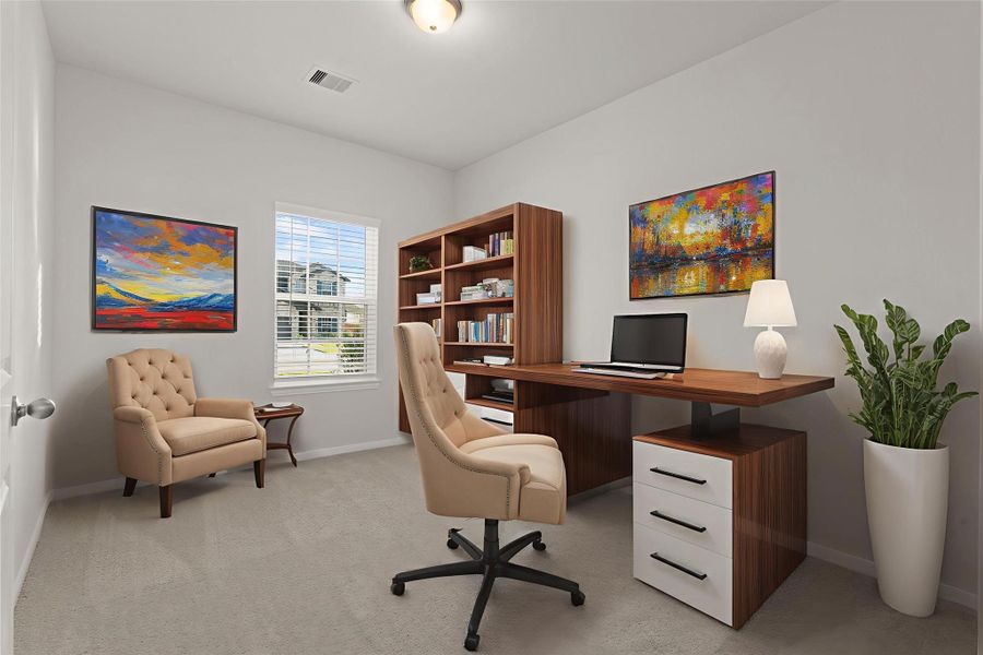 The virtually staged home office offers a quiet and versatile space—perfect for remote work, reading, or creative hobbies. Large windows fill the room with natural light, making it both practical and inspiring.  French door to make it total private!