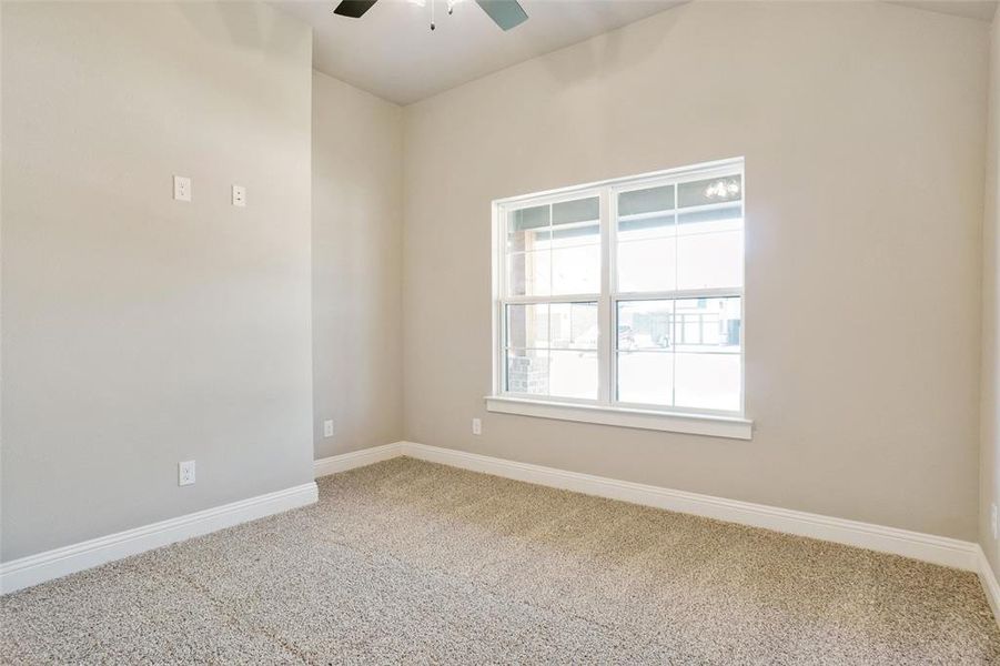 Unfurnished room featuring carpet flooring and ceiling fan